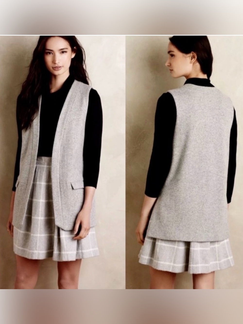 Elevenses Anthropologie Classic Gray Open Front Lined Wool Blend Long Vest S